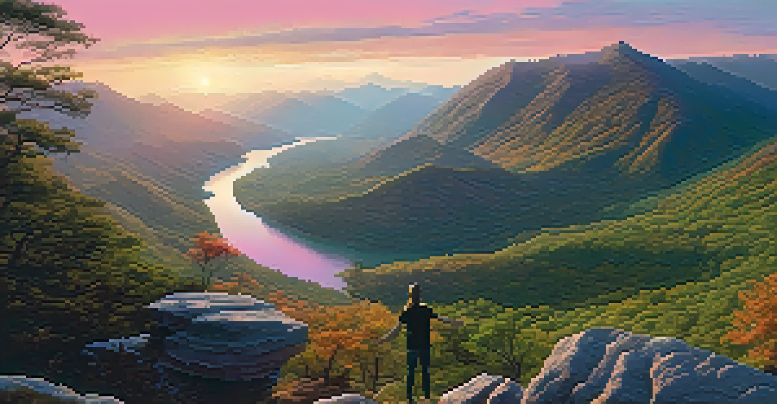 A person on a mountain outcrop at sunrise, overlooking a valley and river below.