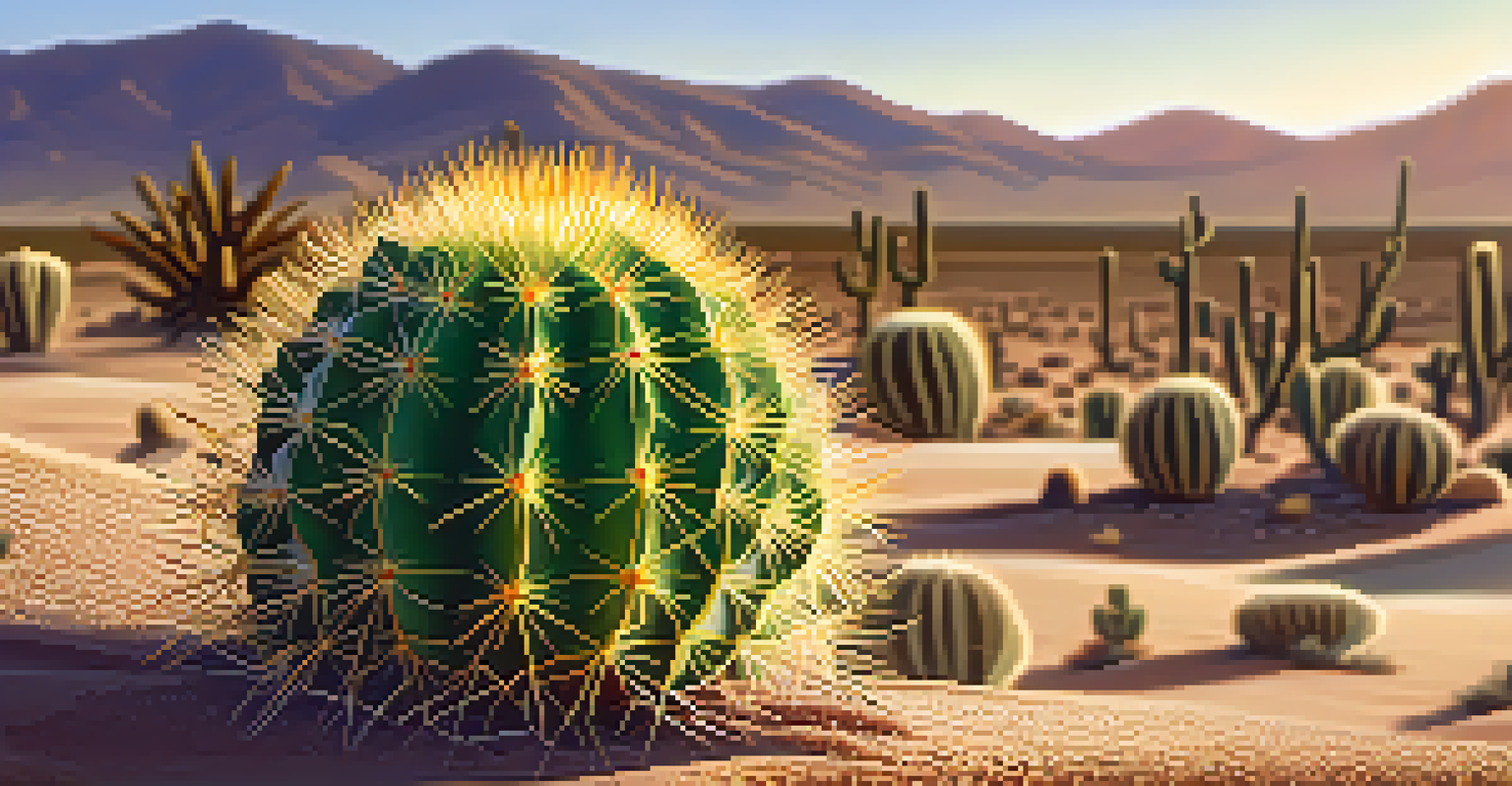 A close-up of a peyote cactus with detailed spines against a sandy desert backdrop and a bright blue sky.