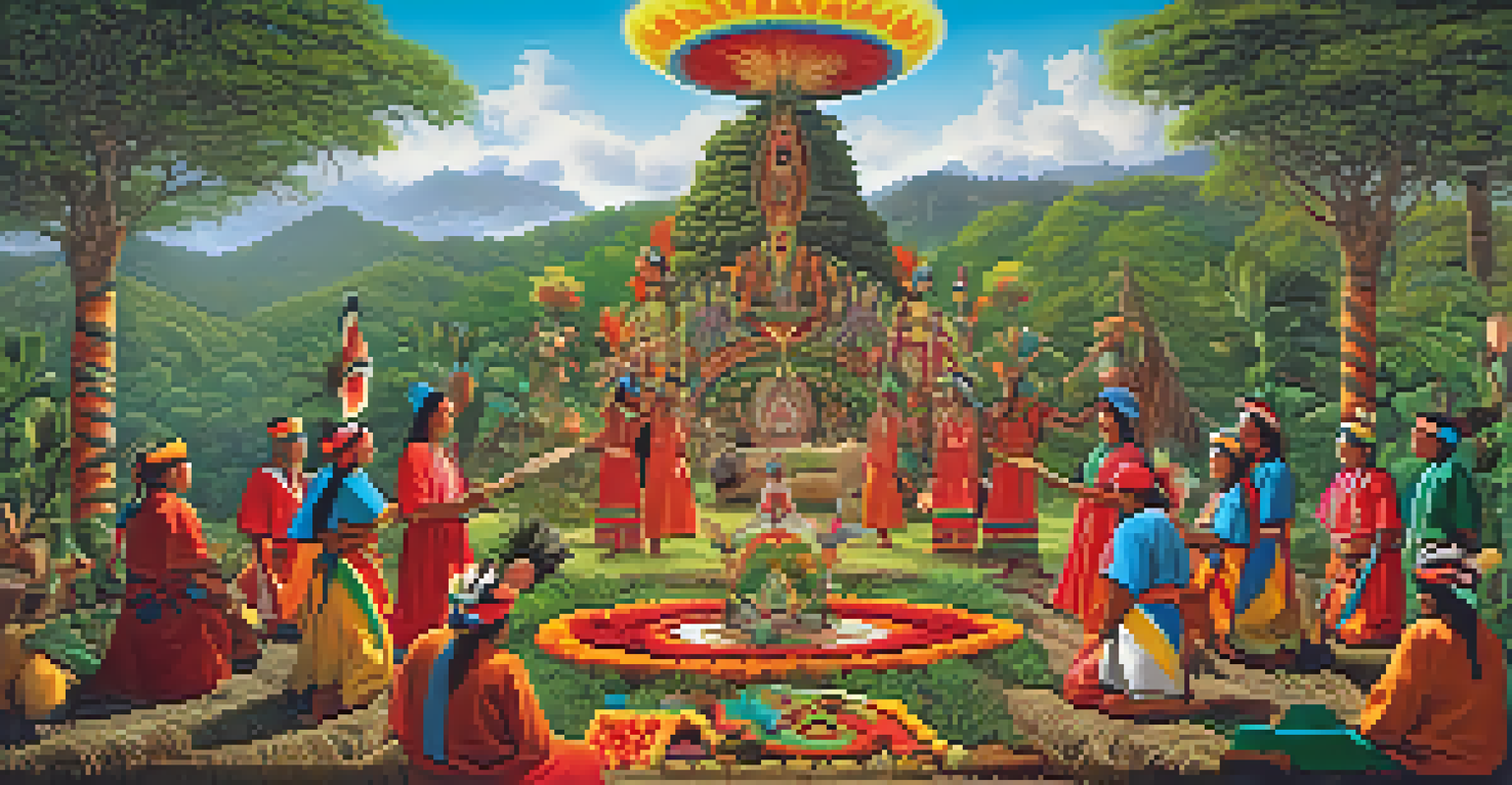 An indigenous ritual featuring traditional attire and hallucinogenic plants, set in a vibrant natural environment.