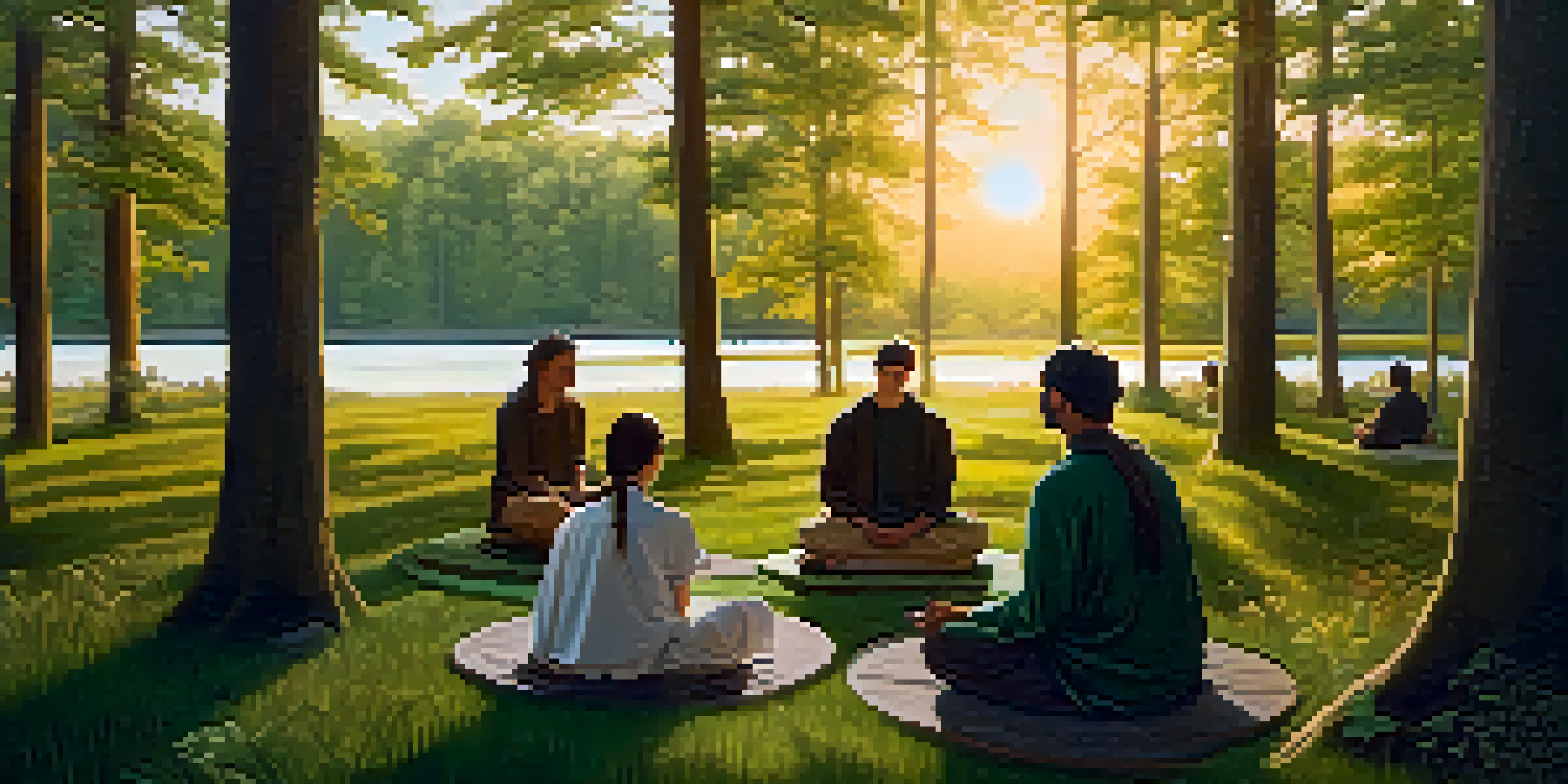 A peaceful forest at sunrise with individuals meditating in a circle on the grass, surrounded by trees.