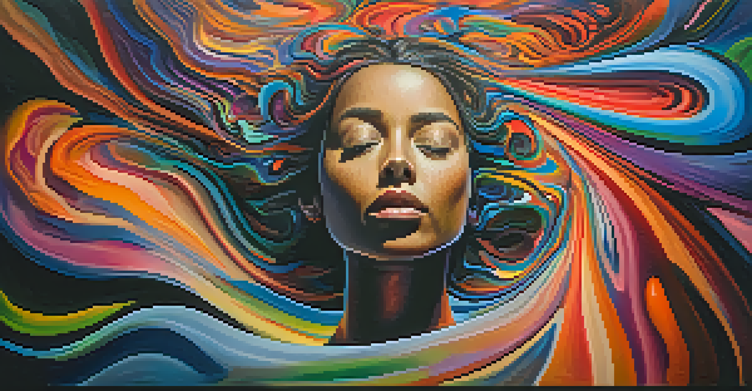 An abstract depiction of a colorful mind in introspection, illustrating emotions and thoughts against a dark background.