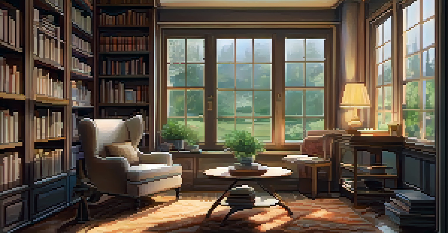 A cozy reading nook with a chair, a cup of tea, and a rainy window view.