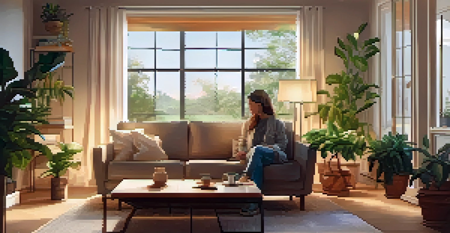 A cozy living room where one person is sitting thoughtfully while a supportive friend sits beside them, creating a safe environment.