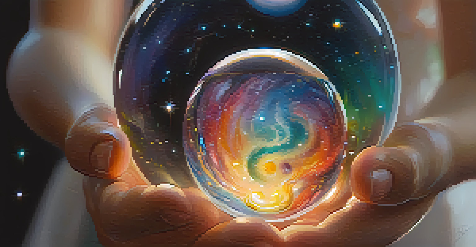 A close-up of hands holding a glass orb with swirling colors, set against a softly blurred background, creating a magical effect.