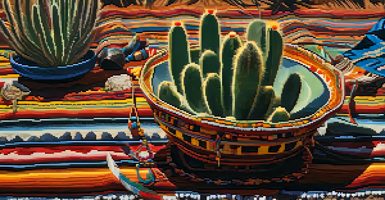 Close-up of a peyote cactus on a colorful blanket with ceremonial tools, with silhouettes of people in a gathering in the background.