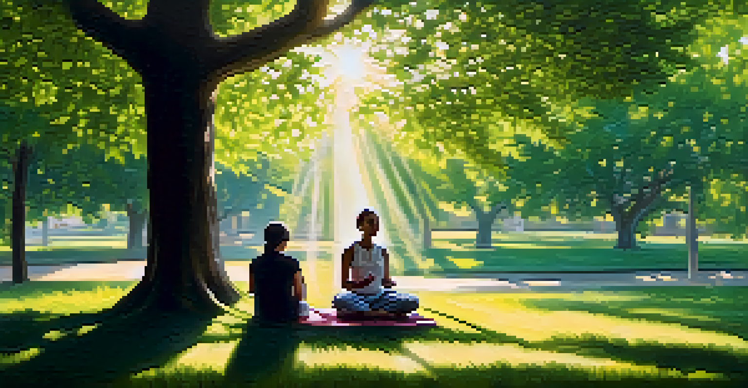A person meditating under a tree in a green park, with sunlight filtering through the leaves.