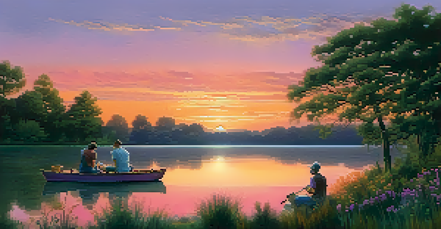 A tranquil lake at twilight reflecting a sunset, with artists sketching and painting in a serene natural setting surrounded by trees and wildflowers.