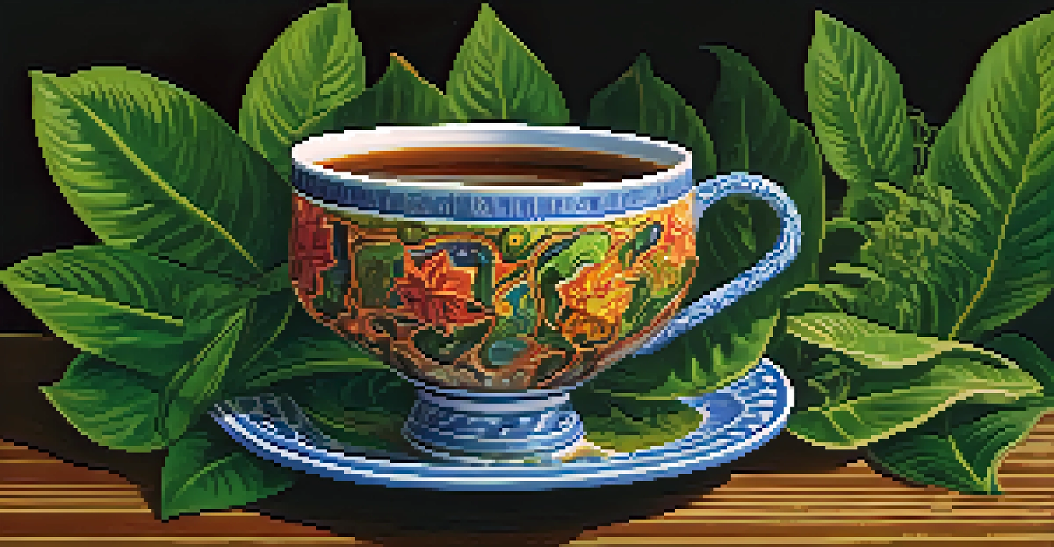 A close-up of ayahuasca brew in a ceramic cup on a wooden table with natural elements around it.