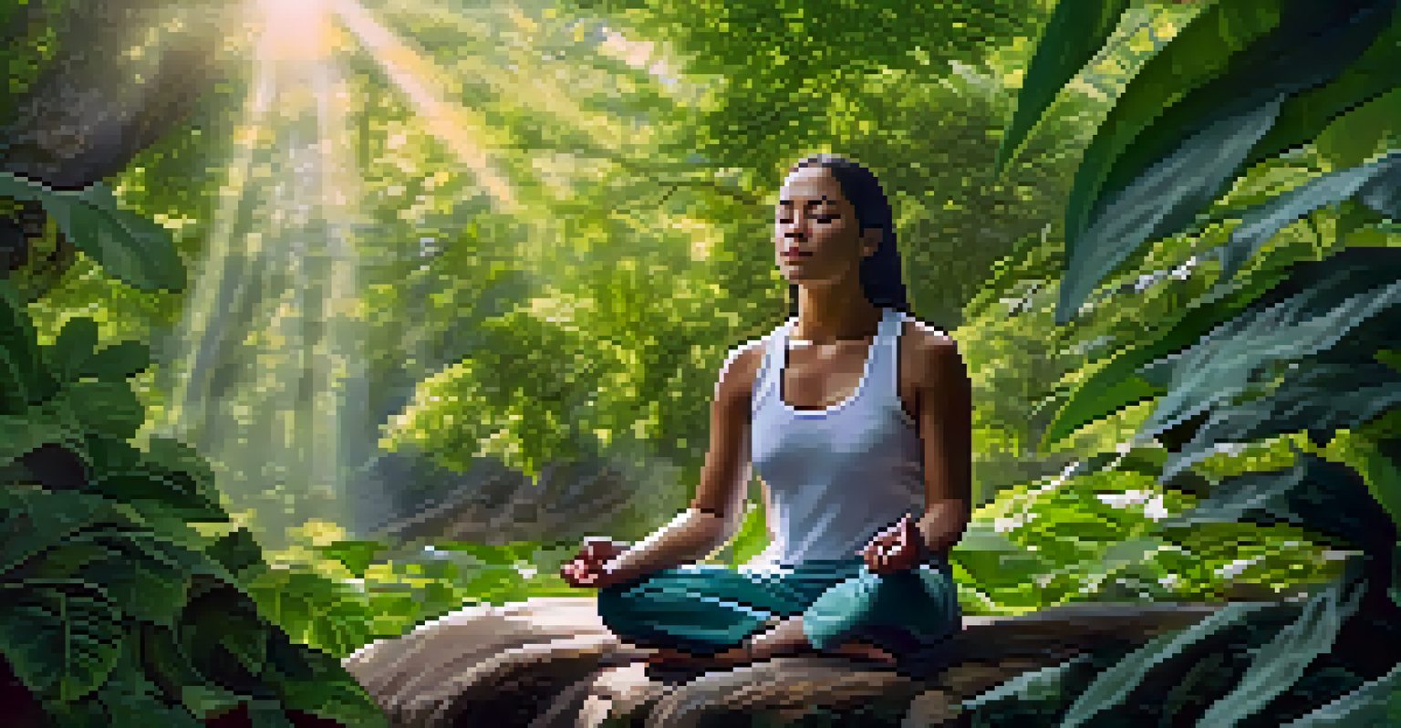 A person meditating cross-legged in a green natural setting with sunlight filtering through the leaves, radiating tranquility.