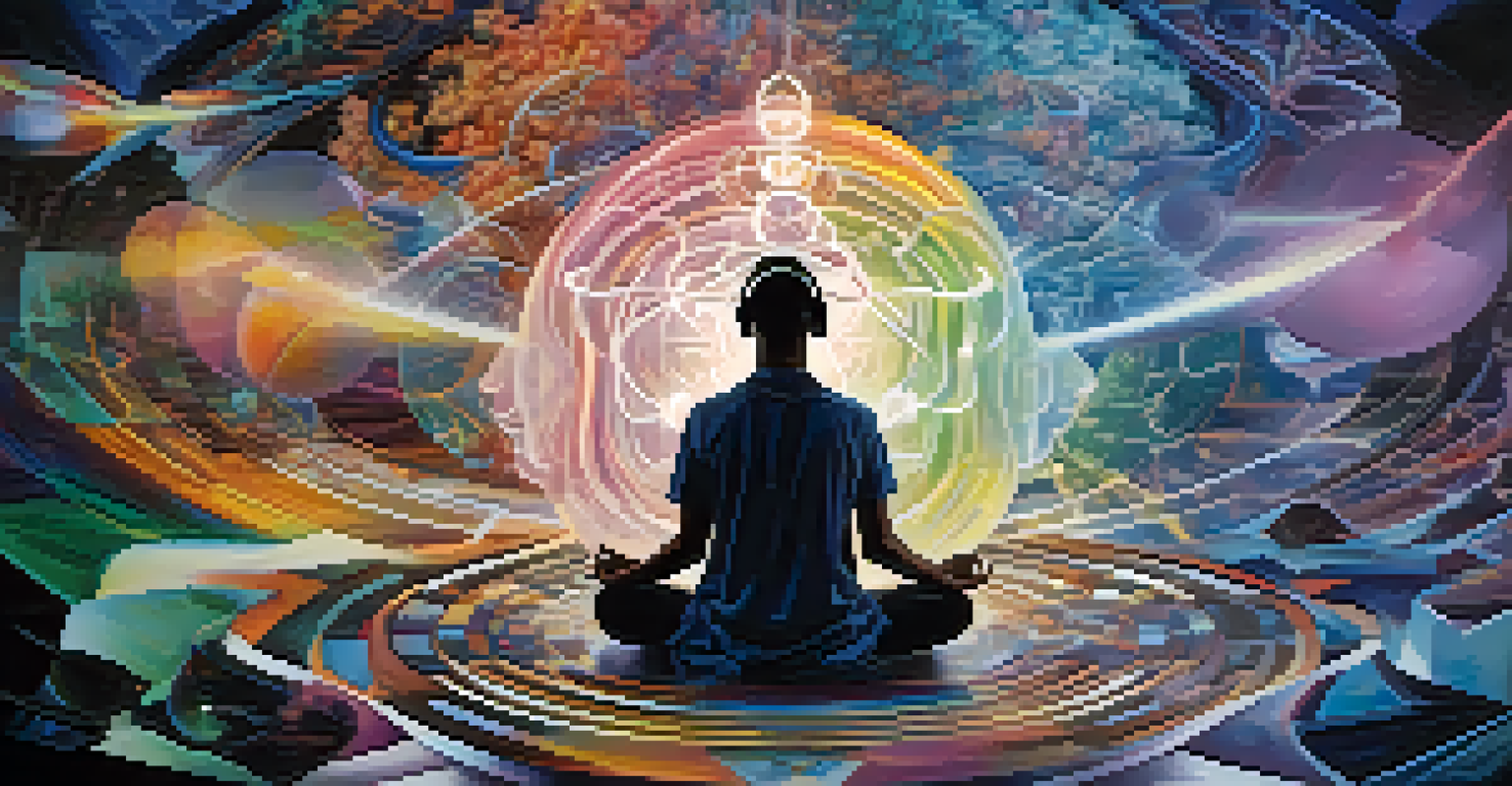 A silhouette of a person meditating amidst swirling colors and geometric shapes, with holographic images of nature and technology around them, symbolizing the mind's connection to VR.