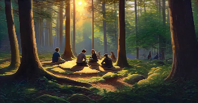 A group of diverse individuals sitting in a circle on a forest floor during dusk, engaged in a conversation with warm, soft lighting filtering through the trees.