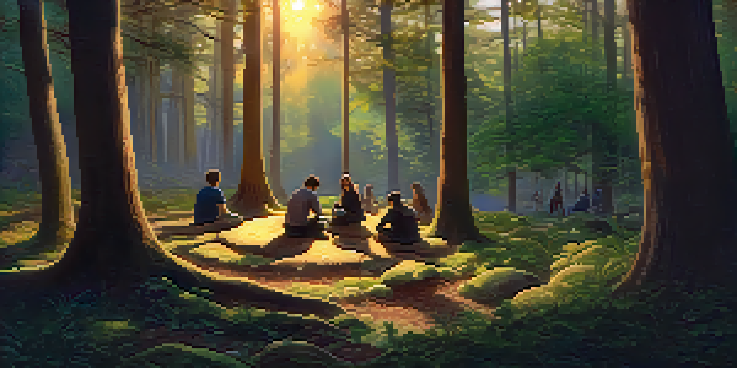 A group of diverse individuals sitting in a circle on a forest floor during dusk, engaged in a conversation with warm, soft lighting filtering through the trees.