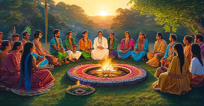 An outdoor psychedelic ceremony at sunset with participants in traditional attire seated in a circle around a fire, surrounded by greenery and flowers.