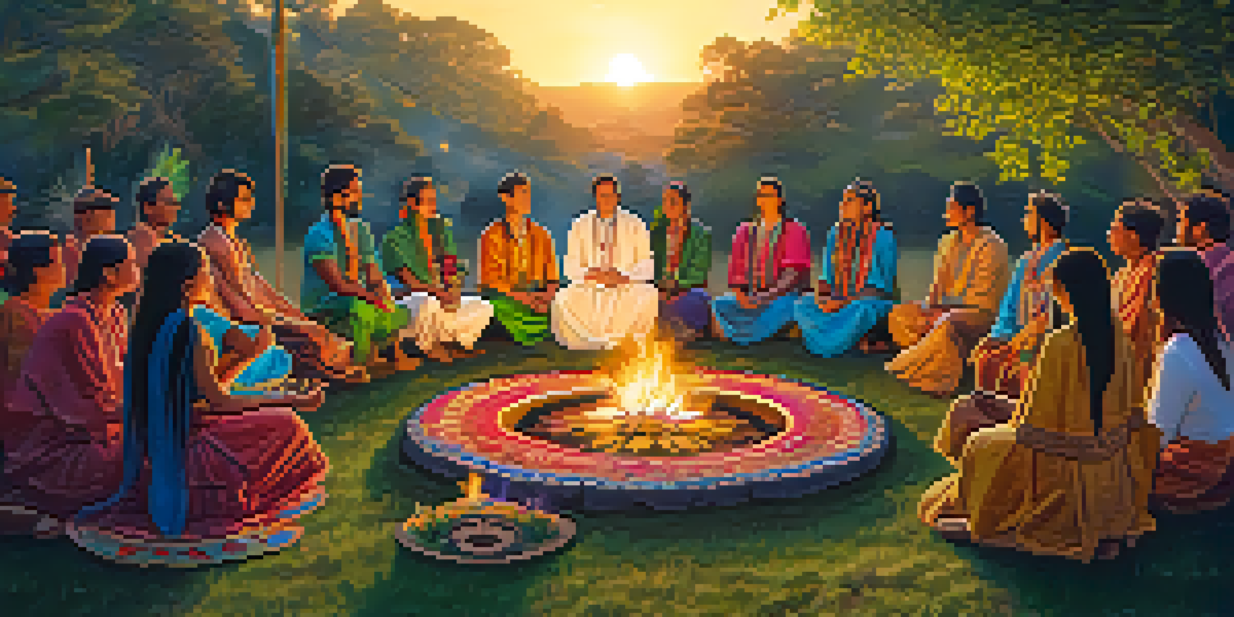 An outdoor psychedelic ceremony at sunset with participants in traditional attire seated in a circle around a fire, surrounded by greenery and flowers.