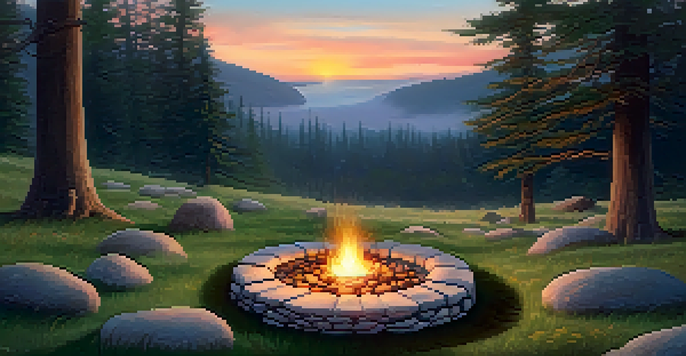 A peaceful forest clearing at sunset with a circle of stones around a small fire pit, colorful candles, a blanket, and wildflowers.