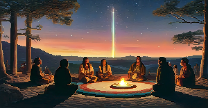 A peaceful Indigenous healing ceremony under a starry sky, featuring participants around a fire and traditional artifacts.