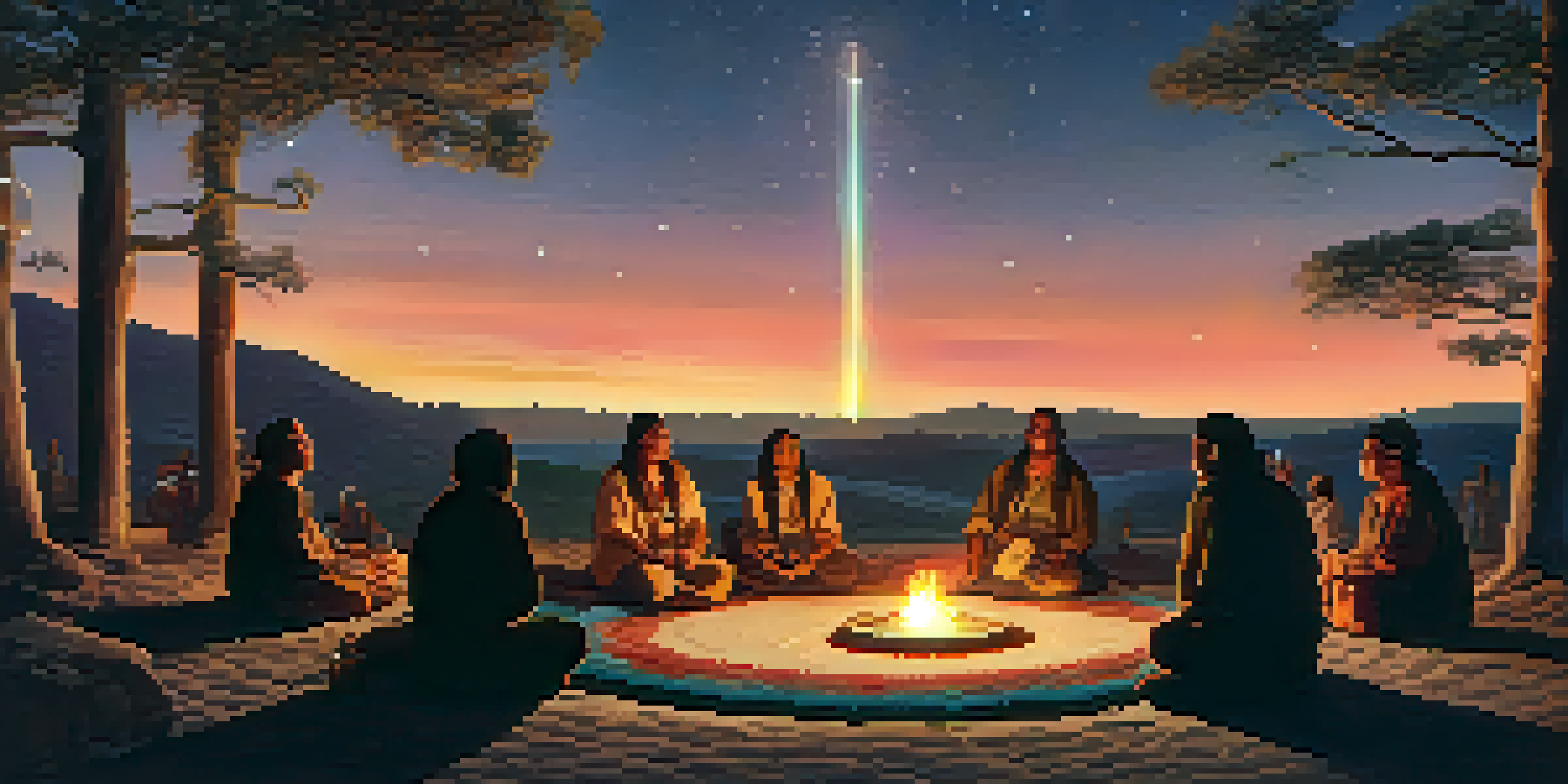 A peaceful Indigenous healing ceremony under a starry sky, featuring participants around a fire and traditional artifacts.