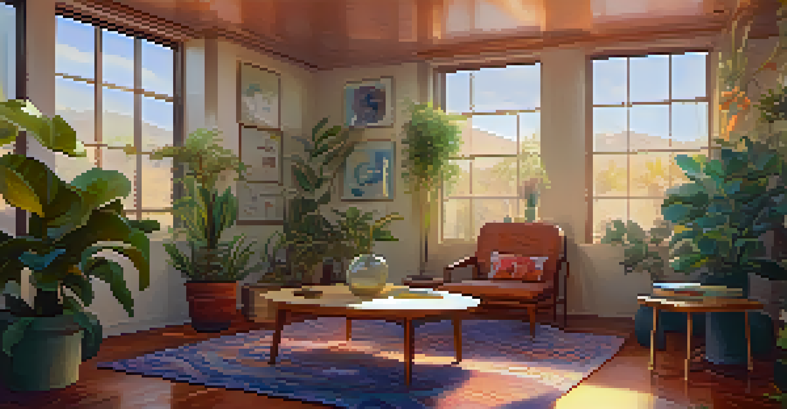 A calming therapy room with soft lighting, plants, and a table with psychedelic substances.