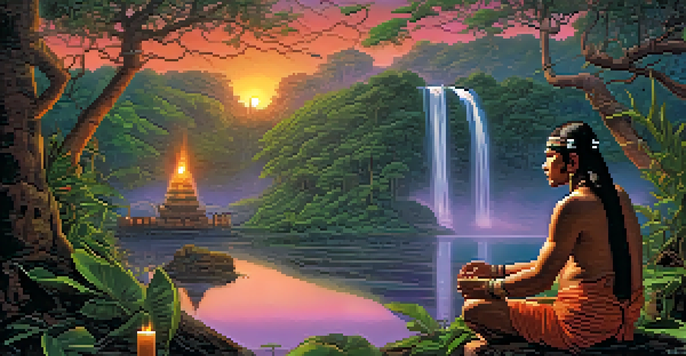A shaman in traditional attire performing a ritual in the Amazon rainforest at twilight, surrounded by glowing candles and vibrant foliage.