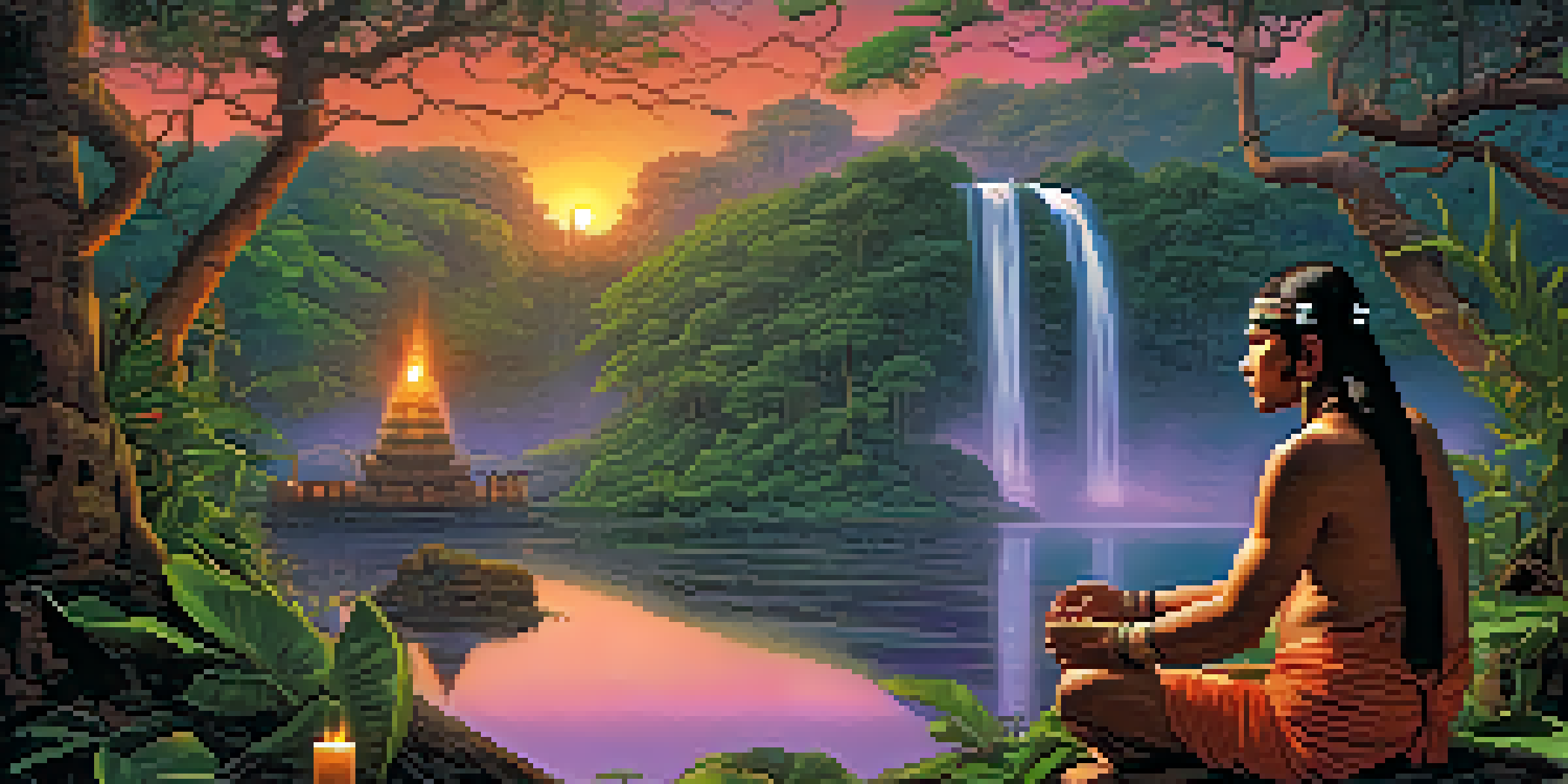 A shaman in traditional attire performing a ritual in the Amazon rainforest at twilight, surrounded by glowing candles and vibrant foliage.