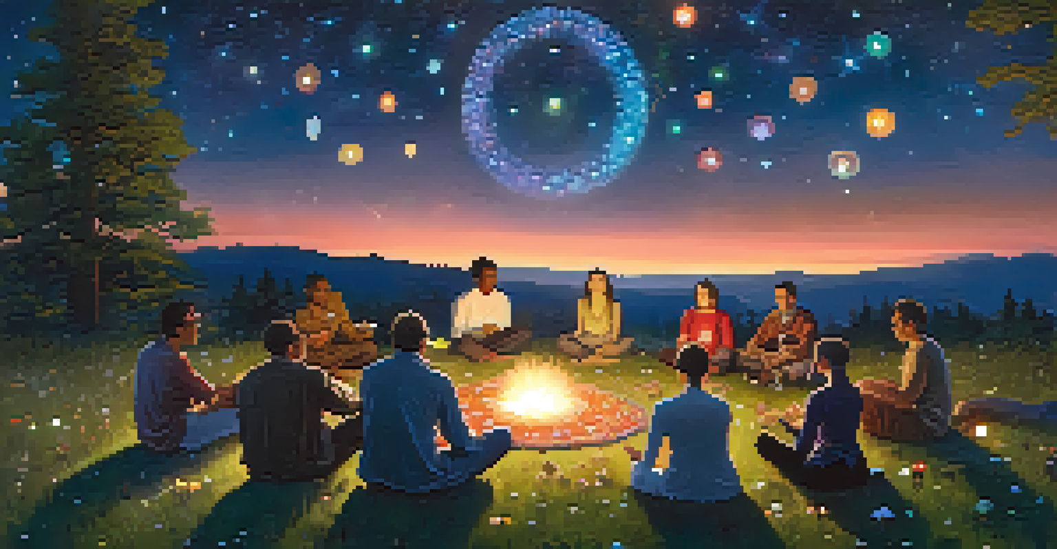 A group of diverse individuals in a circle engaging in a mushroom ceremony under a starry sky, illuminated by a gentle fire.