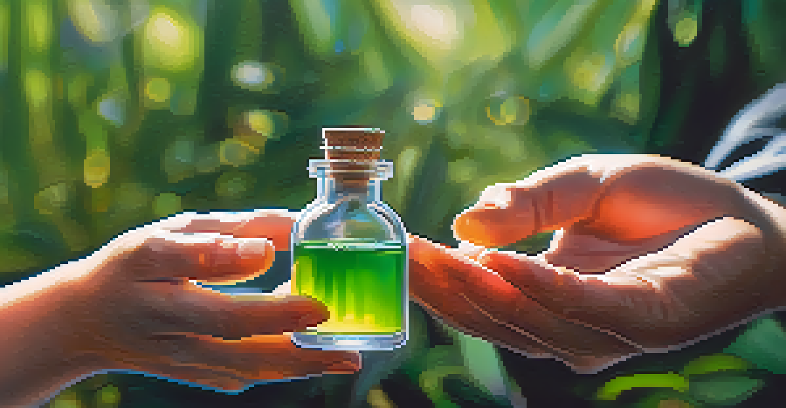 A close-up of hands holding a glass vial filled with colorful liquid, with a softly blurred natural background.