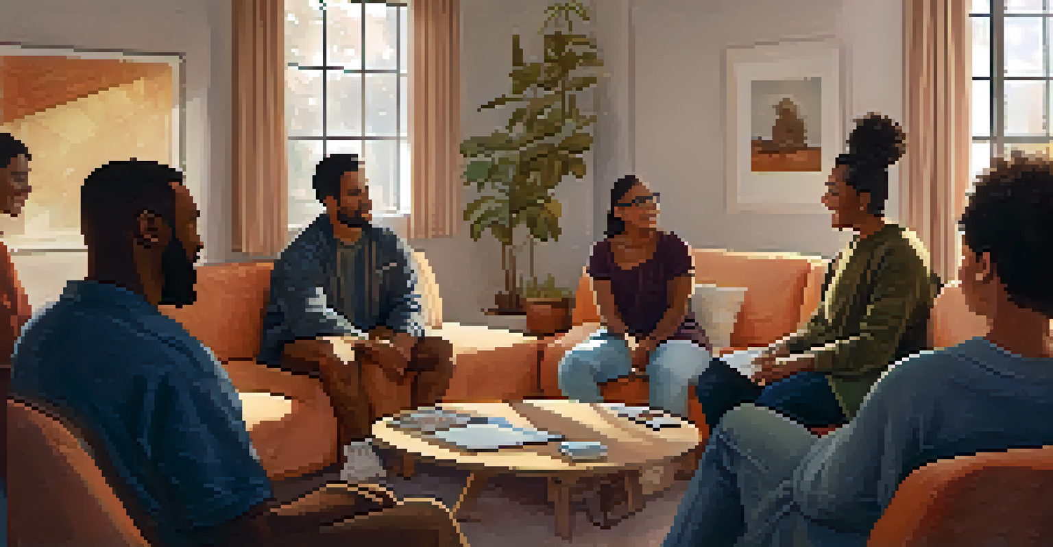 A supportive group therapy session with diverse individuals sitting in a circle, sharing experiences in a warmly lit room filled with cushions and blankets.