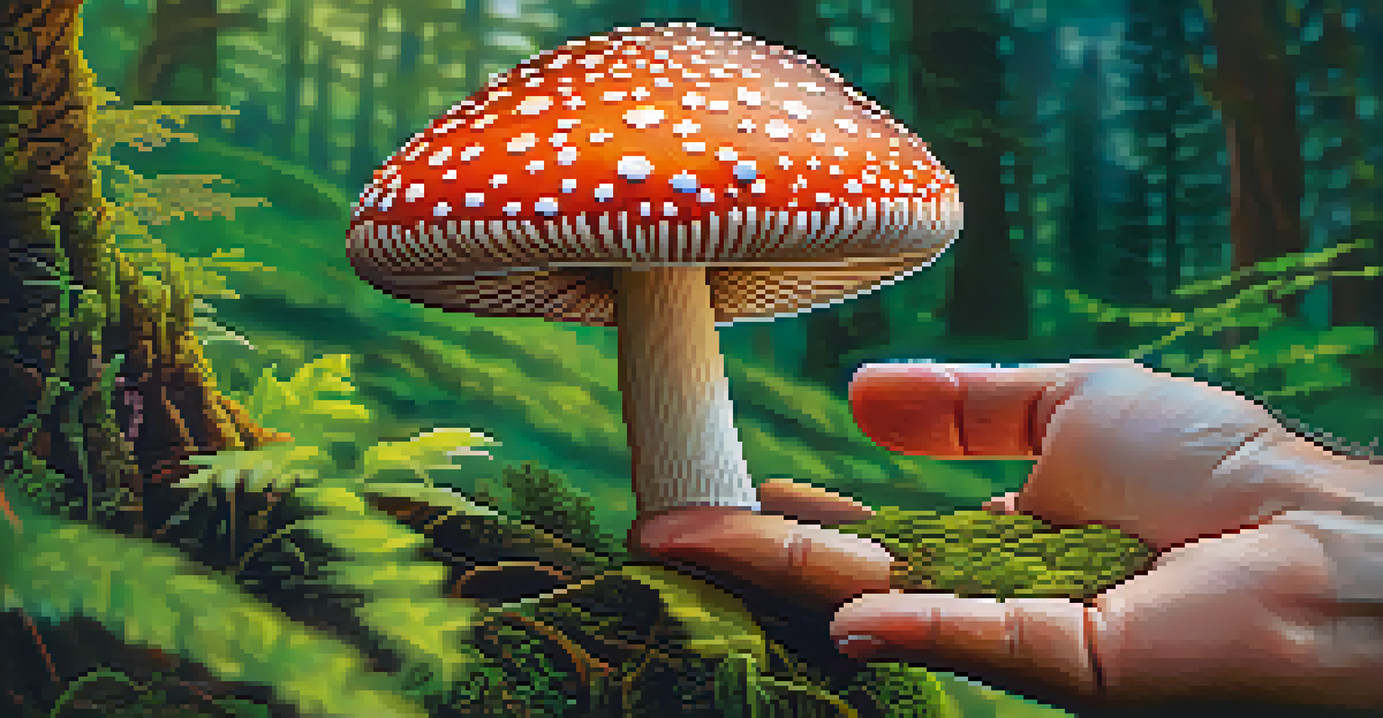 A close-up of a hand holding a colorful psychedelic mushroom in a lush green environment, showcasing its texture and vivid colors.