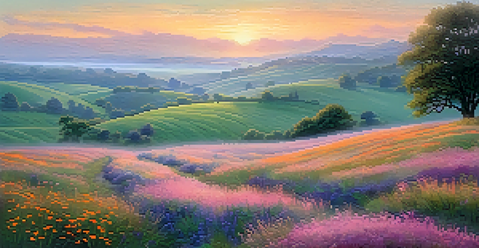 A peaceful sunrise landscape with colorful wildflowers and a misty path leading into the hills.