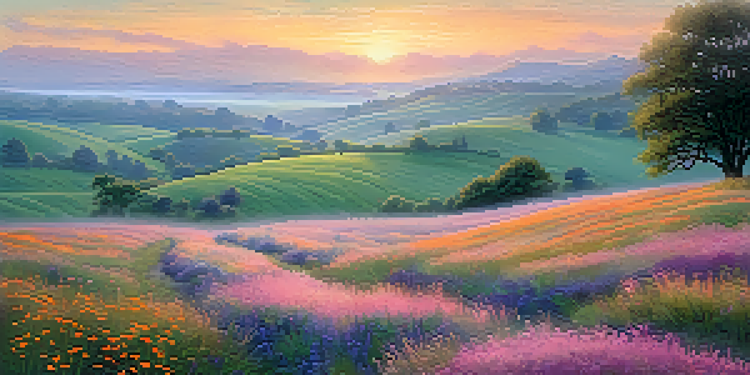 A peaceful sunrise landscape with colorful wildflowers and a misty path leading into the hills.