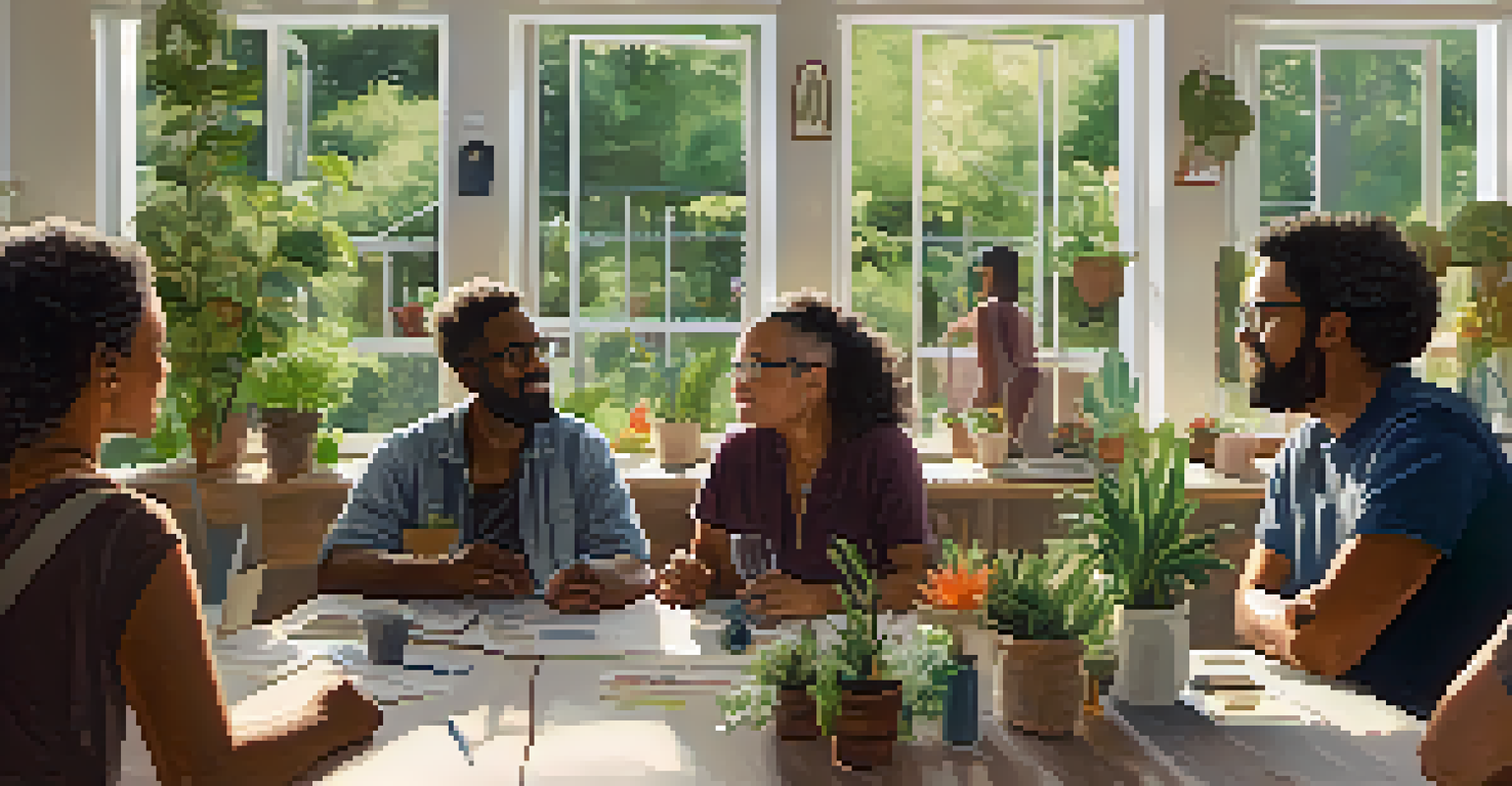 A community workshop with diverse individuals discussing and sharing stories in a bright, plant-filled room.
