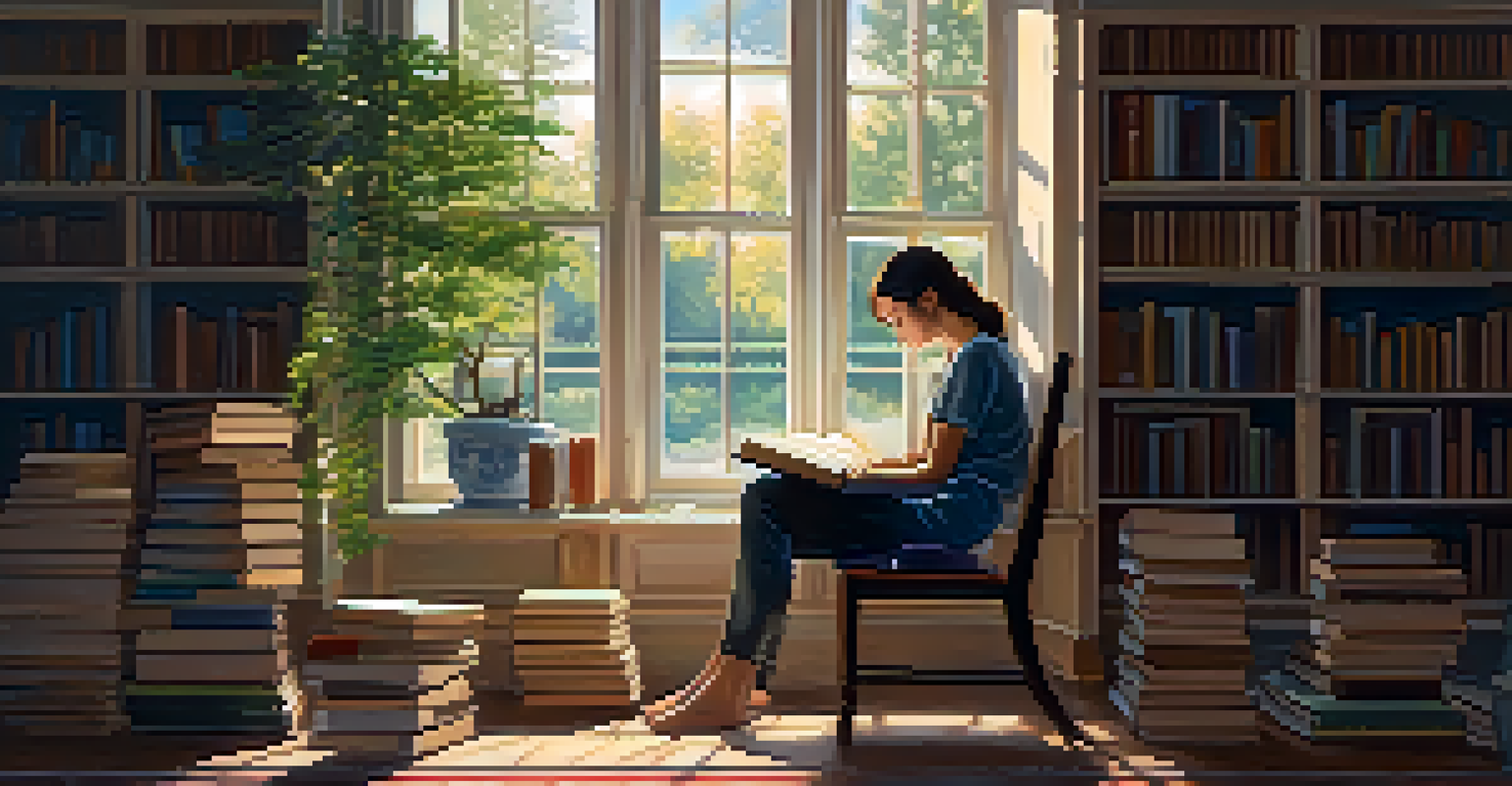 A cozy room with a person reflecting while surrounded by books and nature, with soft lighting and sunlight streaming through a window.