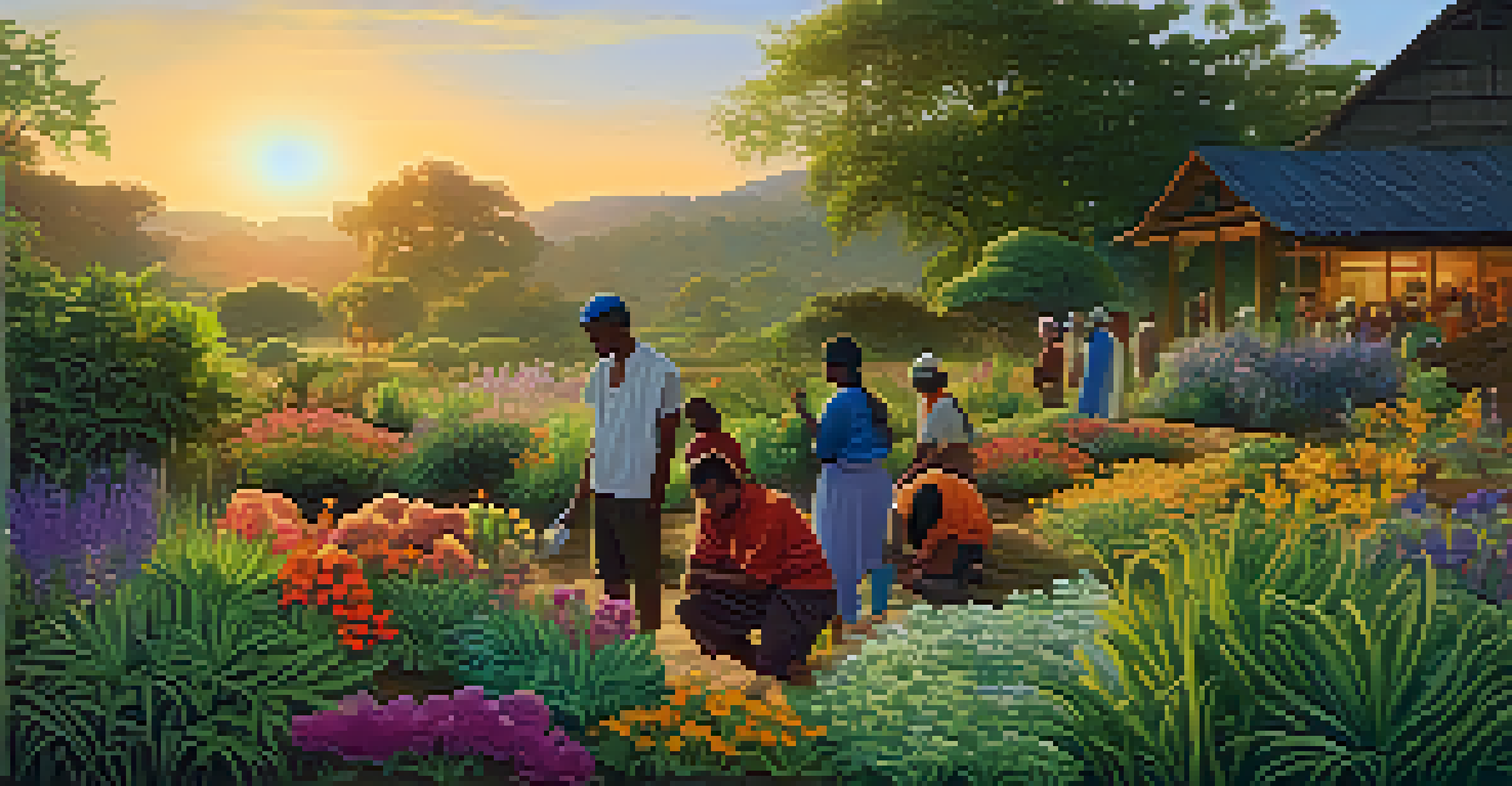 A group of diverse individuals harvesting hallucinogenic plants outdoors, surrounded by greenery and flowers, in warm golden hour light.