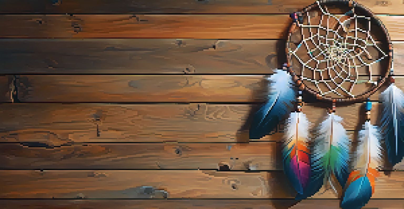 A close-up of a colorful dreamcatcher with feathers and beads against a wooden background, illuminated by soft sunlight.