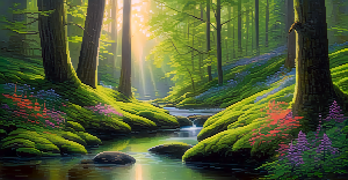 A peaceful forest at dawn with sunlight, green moss, flowers, and a small stream.