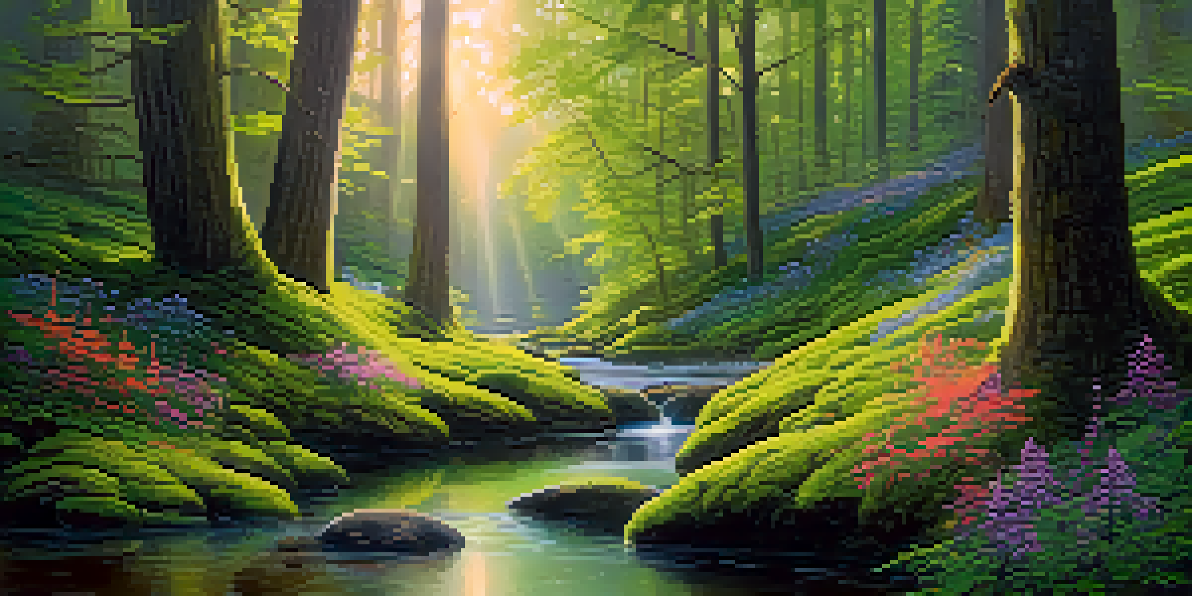 A peaceful forest at dawn with sunlight, green moss, flowers, and a small stream.