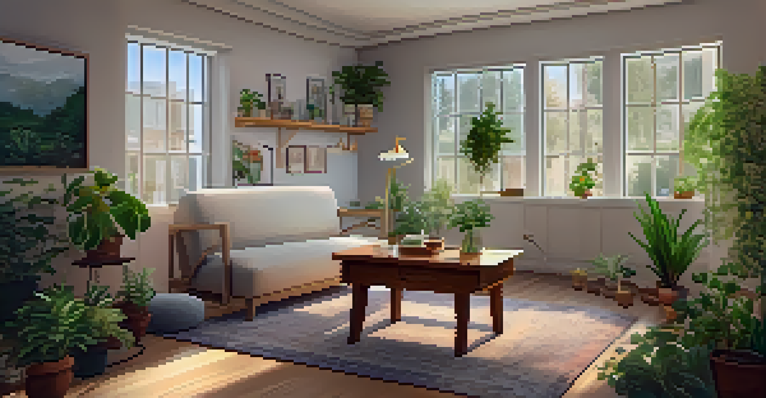 A comfortable therapy room with a therapist and client, surrounded by plants and warm lighting.