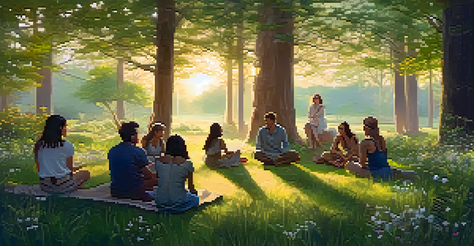 A group of diverse individuals sitting in a circle in a tranquil forest during sunrise, surrounded by greenery and wildflowers.