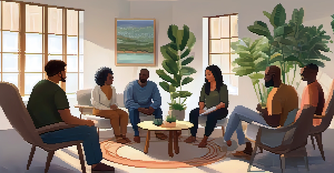 A group therapy session in a cozy room with participants seated in a circle, sharing experiences under soft lighting and surrounded by plants.