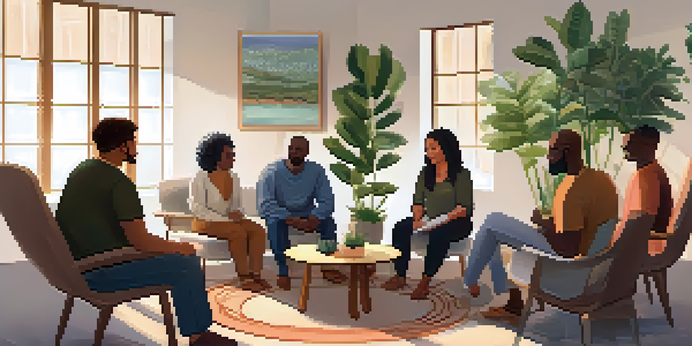 A group therapy session in a cozy room with participants seated in a circle, sharing experiences under soft lighting and surrounded by plants.