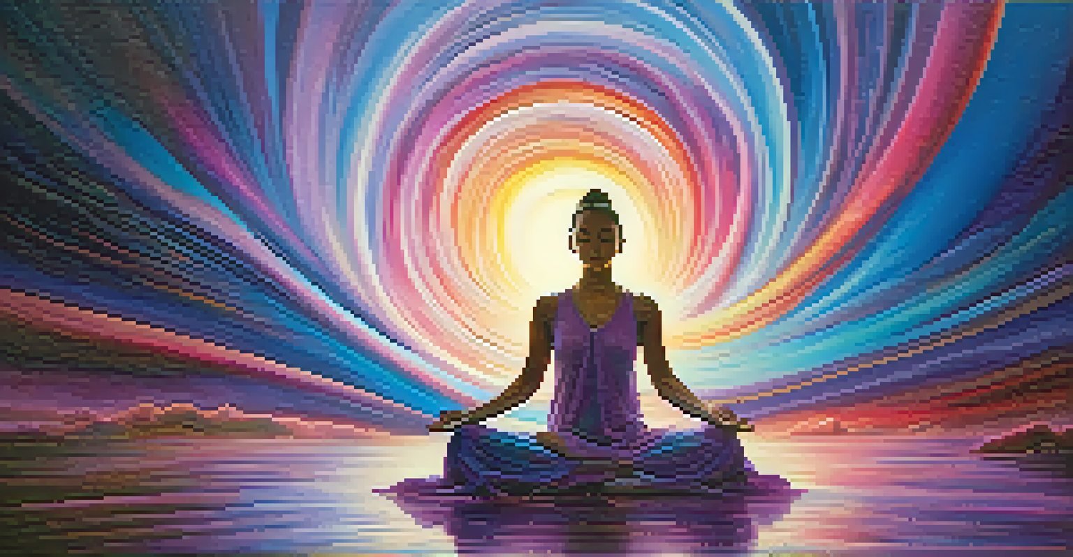 A meditative figure surrounded by a colorful spiral of light, symbolizing circular breathing.