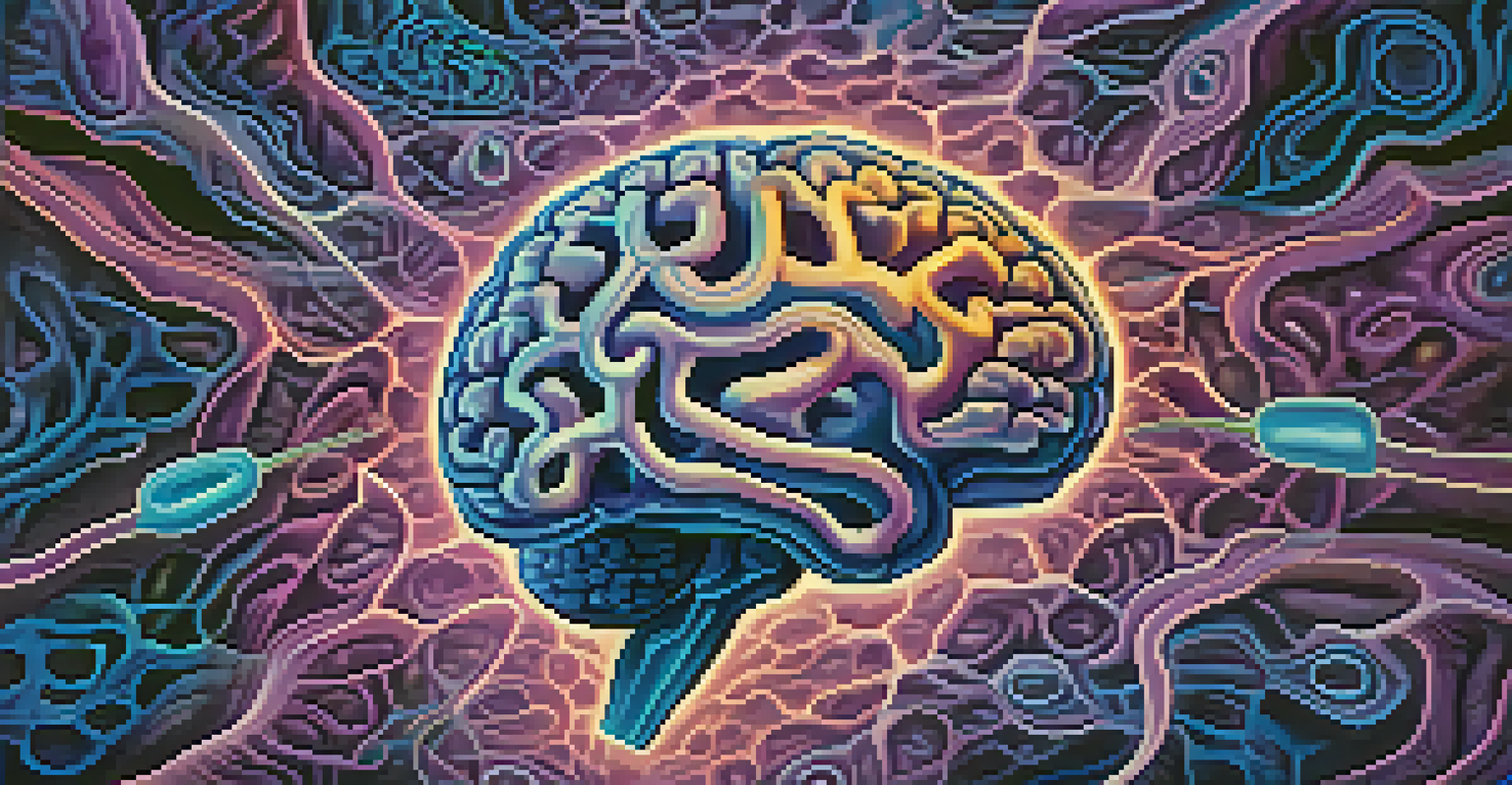 An artistic representation of the brain with colorful patterns symbolizing changes in consciousness and serotonin receptors.