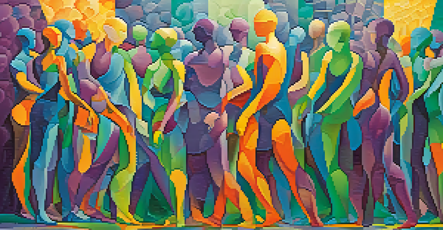 An abstract image of interconnected human figures radiating vibrant colors and patterns, symbolizing empathy and connection.