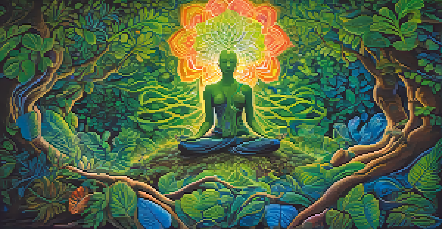 A colorful abstract representation of Ayahuasca's healing properties, featuring a meditating figure surrounded by vibrant swirls and nature motifs.