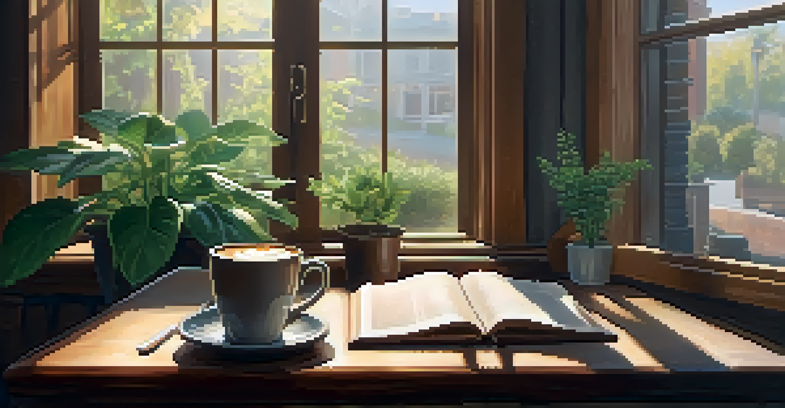A warm coffee shop scene featuring a cup of coffee and an open book on a wooden table, bathed in sunlight.