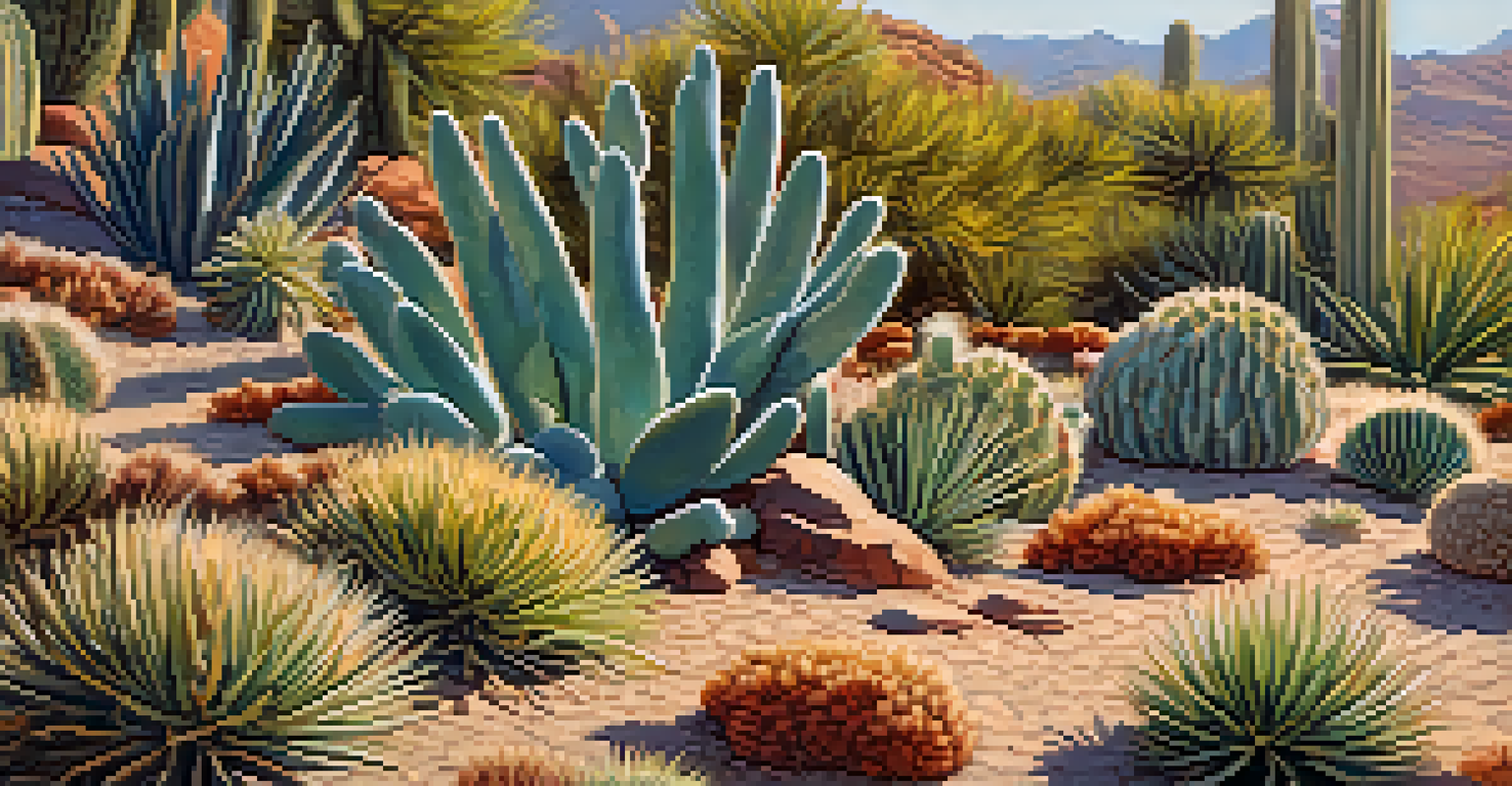 Close-up of peyote cacti in a desert garden, showcasing the textures and colors of the plants against sandy soil.