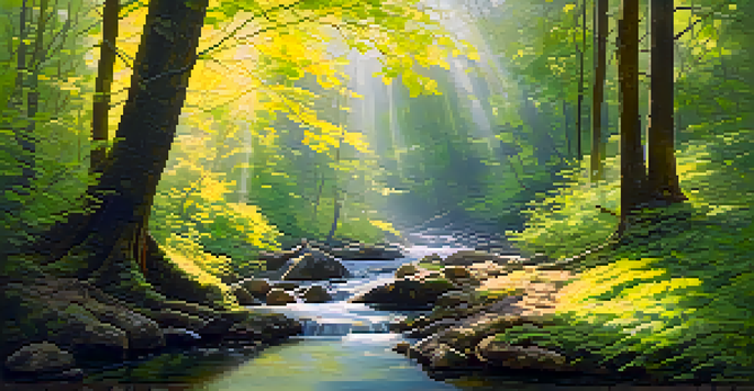 A peaceful forest with glowing trees and a gentle stream, illuminated by soft morning light.