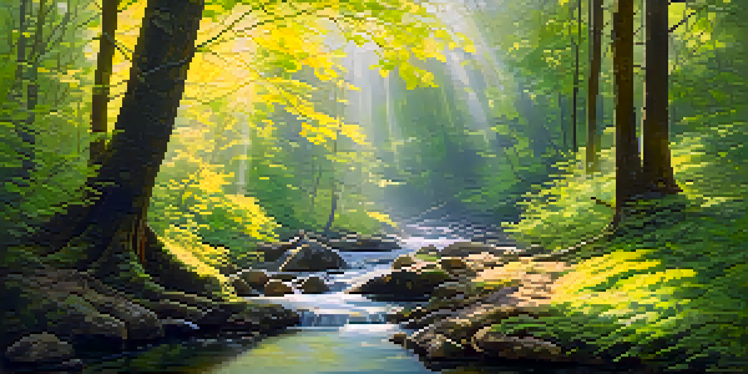 A peaceful forest with glowing trees and a gentle stream, illuminated by soft morning light.