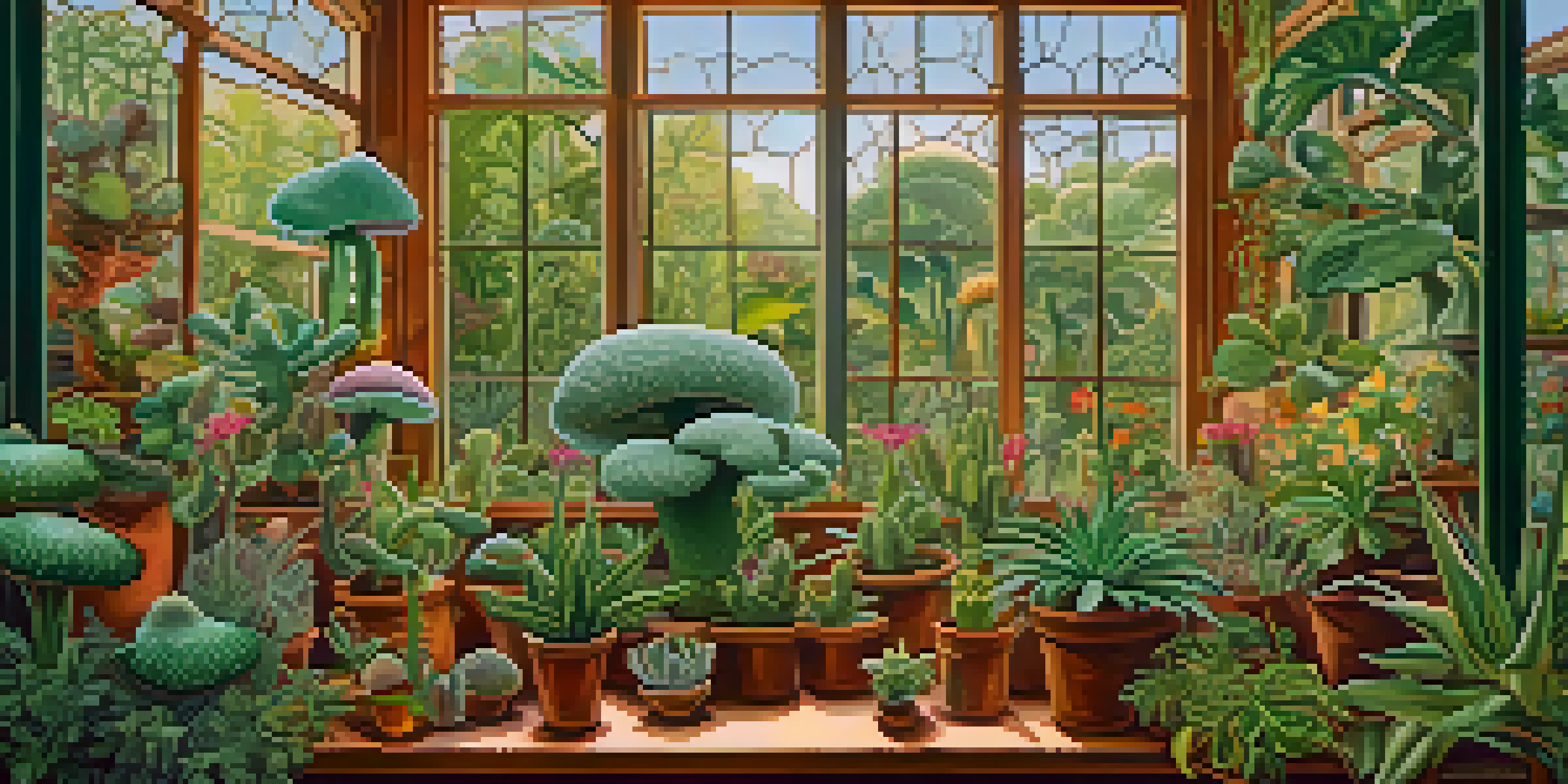 An indoor garden filled with hallucinogenic plants, including mushrooms and cacti, illuminated by soft, natural light.