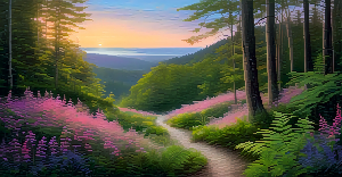 A peaceful forest scene during sunset, featuring a winding path, green ferns, and colorful flowers under a pink and purple sky.